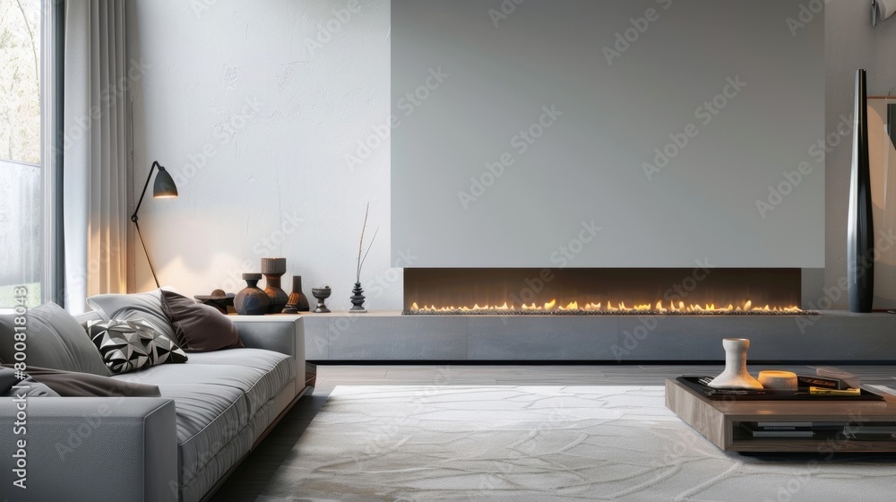 Naklejka premium The long linear design of the gas fireplace makes it the perfect addition to a minimalist and chic interior. 2d flat cartoon.