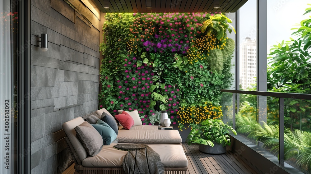 A contemporary balcony with a vertical garden and lounge area