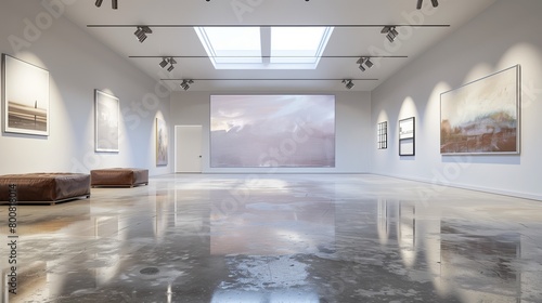 A contemporary art studio with skylights and a polished concrete floor photo