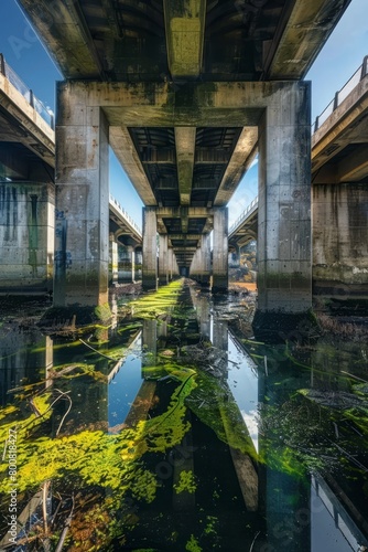 Witness the meeting of worlds beneath the bridge, where nature and urbanity collide in a symphony of contrasts, creating a unique, Generative AI
