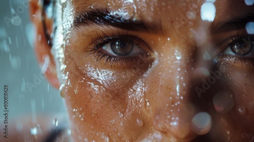 A detailed view of a womans face with water droplets on her skin, glistening under the light. The droplets reflect and refract the surrounding environment, creating a refreshing and rejuvenating