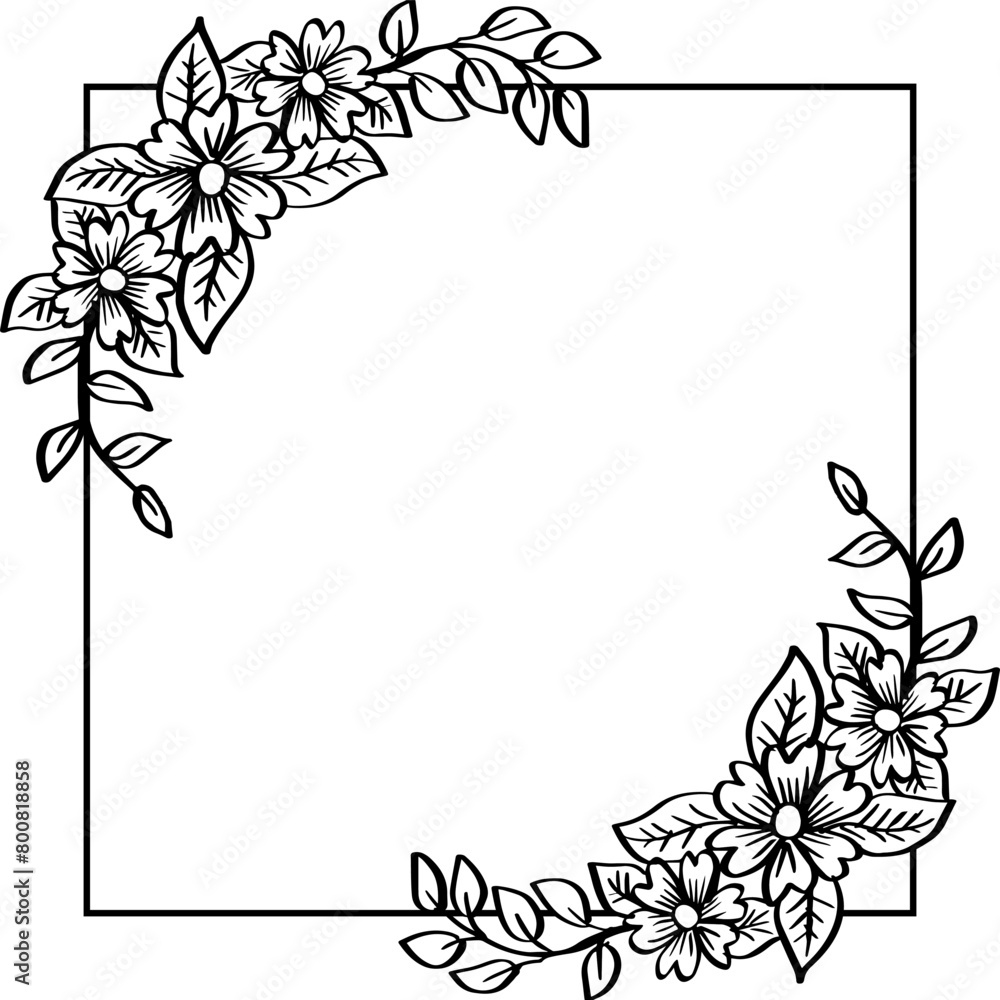 Obraz premium Illustration of floral frame with black and white flowers on white background