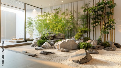 A minimalist meditation space with a rock garden and bamboo accents photo