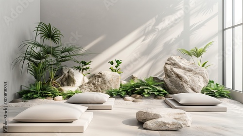 A minimalist meditation space with a rock garden and floor cushions photo