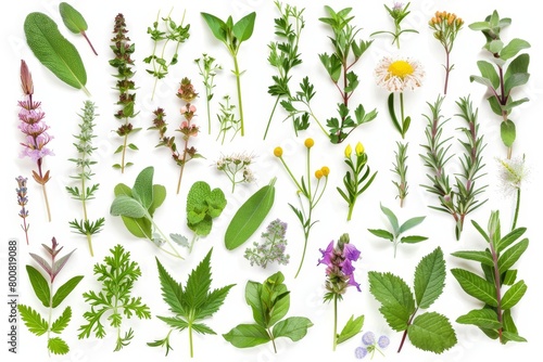 48 isolated medicinal and culinary herb flowers and leaves on white background photo