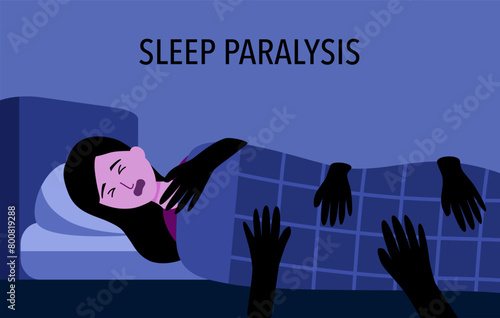 Sleep paralysis. Woman cannot move and screams due to sleep paralysis.