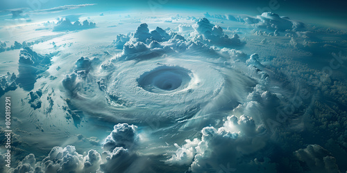 A massive hurricane dominates the view, with swirling clouds around its eye, as seen from an aerial vantage point high above the Earth.