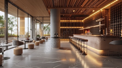 A modern wine tasting room with floor-to-ceiling racks and a tasting bar