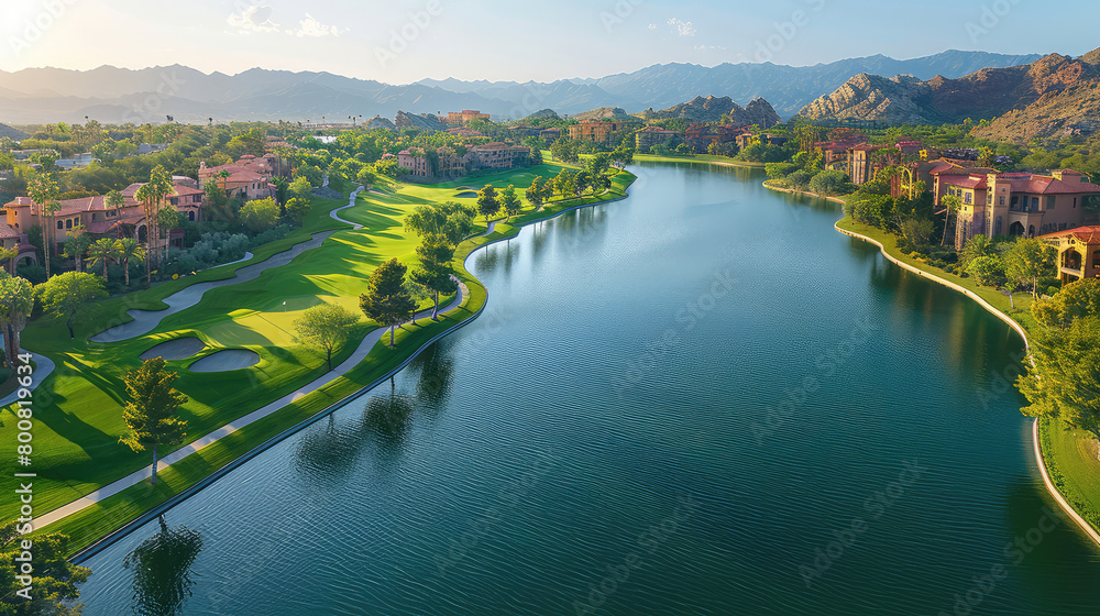  Golf club aerial view with lake and golf course, lush greenery, beautiful landscape. Created with Ai