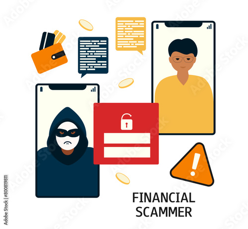 Telephone fraud. Man on the phone screen and scammer. Concept of cyber crime, data hacking. Vector flat illustration isolated on white background.