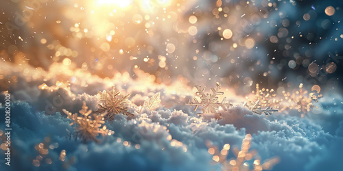 Frosty atmosphere in a winter scene, snowflakes catching the light, creating a magical sparkling effect, illuminated by soft light. © NaphakStudio