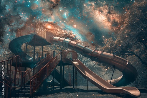 A playground in a galaxy cluster, where each slide leads to a different galaxy photo