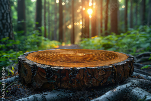 A wooden table with a background of lush green jungle trees and foliage. The wood has a natural grain, giving it an organic feel. Created with Ai
