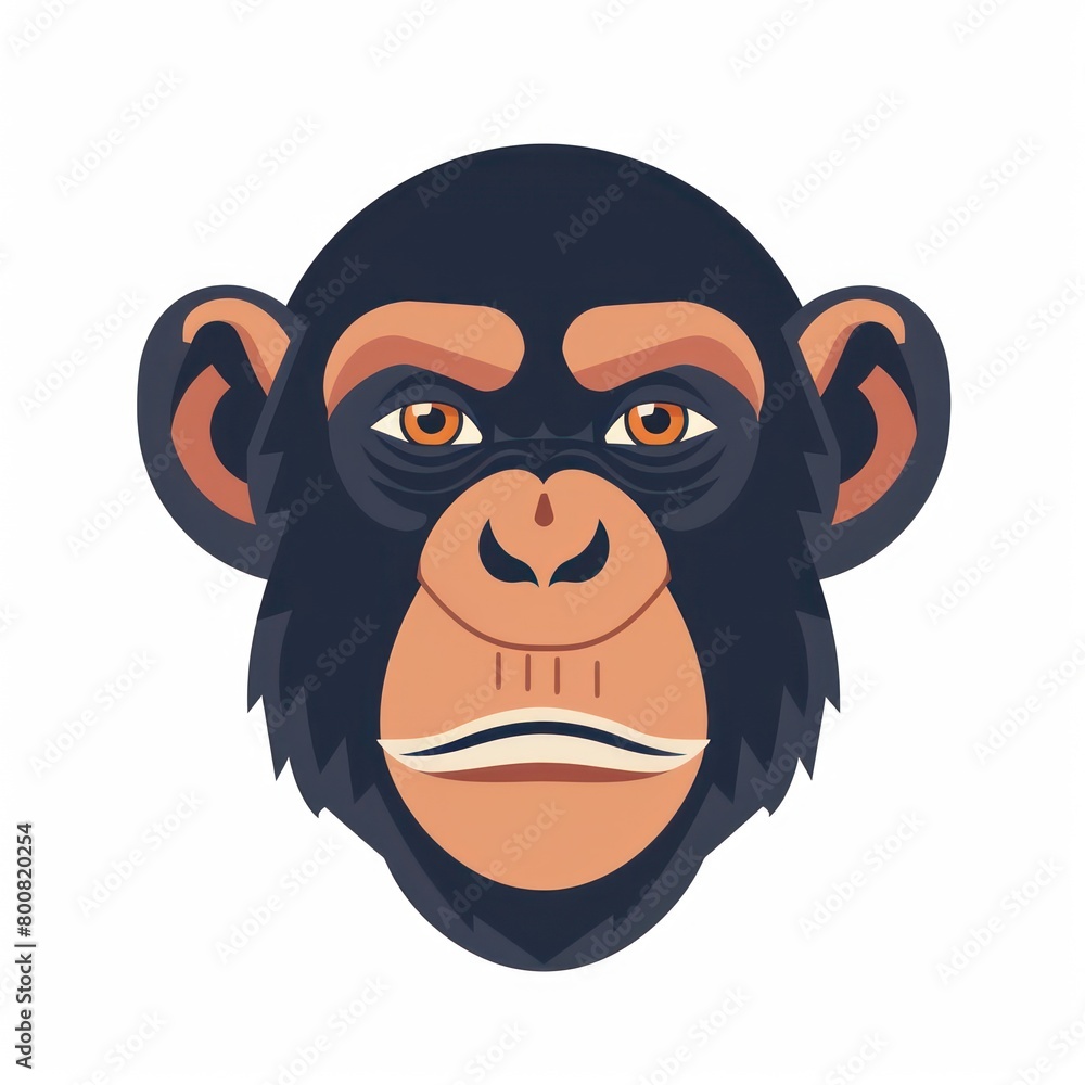 Flat-style illustration of an ape face icon, featuring minimalist shapes and bold lines to define facial features