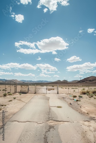 Secretive Entrance to Area 51, Surrounded by Barren Desert Landscape And Guarded by Imposing Fences And Security Measures, Generative AI (ID: 800820234)