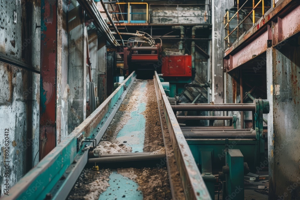 Ancient machine with conveyor belt in production of construction materials