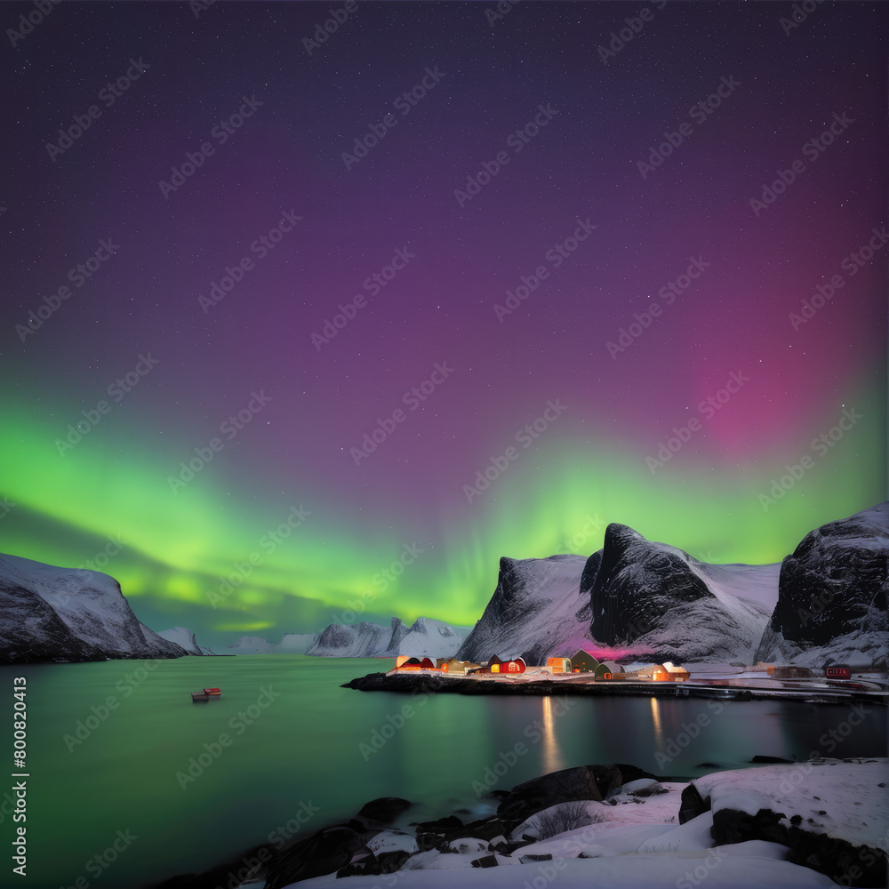Aurora Borealis Over a Snowy Coastal Village at Night