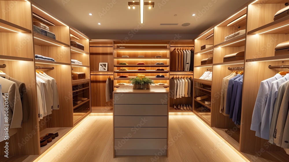 Fototapeta premium A sleek boutique closet with backlit shelves and a center island dresser
