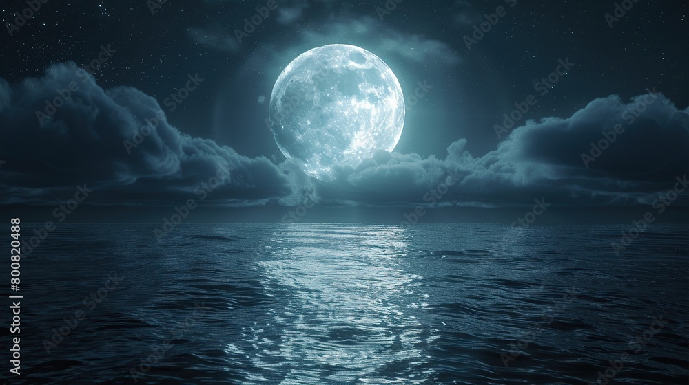 A full moon is rising over a dark ocean. The moon is surrounded by clouds and the water is reflecting the moonlight.

