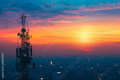 Antenna silhouette against city sunset sky for telecom concept