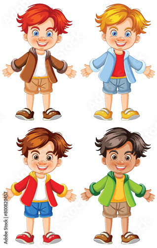 Four cheerful cartoon boys standing and smiling.