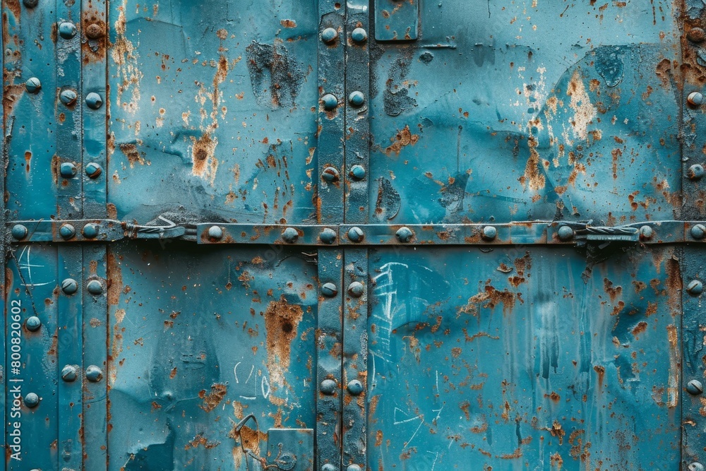 Antique steel door with lock old blue style Rusty folding texture pattern background Dark edge
