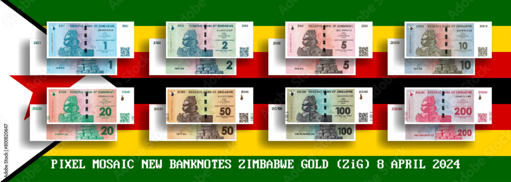 Fototapeta premium Vector set of pixel mosaic banknotes of Zimbabwe. Collection of notes in denominations of 1, 2, 5, 10, 20, 50, 100 and 200 ZiG Zimbabwe gold. Obverse and reverse. Play money or flyers. PART 2