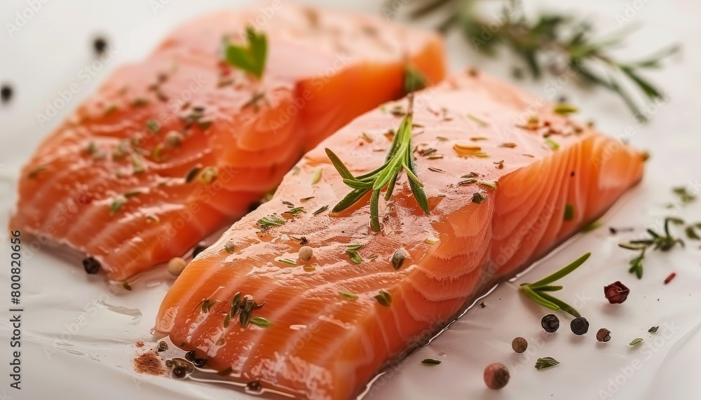 Aromatic herbs and spices on fresh raw salmon Aromatic herbs and spices on fresh raw salmon
