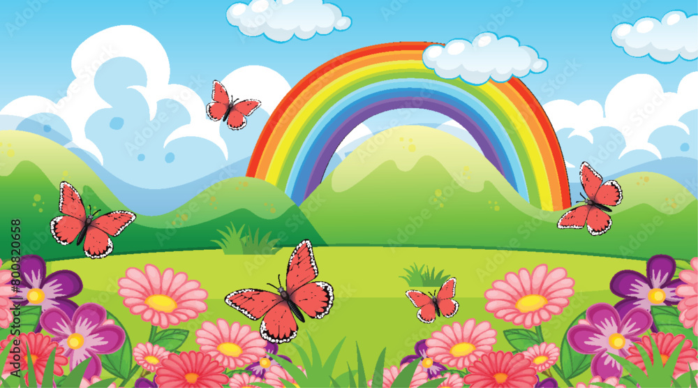 Fototapeta premium Vibrant landscape with flowers, butterflies, and rainbow