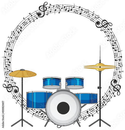 Drum set surrounded by a swirling musical staff.