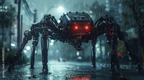 Autonomous Robot, Metallic Exoskeleton, Artificial Intelligence, Exploring the Urban Jungle at Night, Rainstorm, 3D Render, Spotlight, Motion Blur