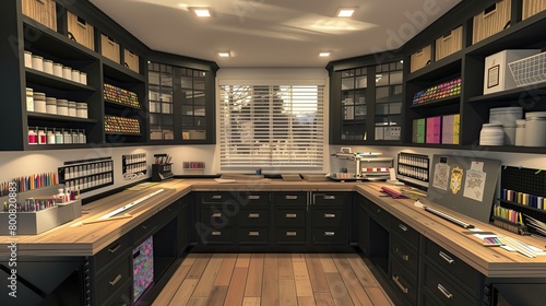 A sleek craft room with organized workstations and ample storage