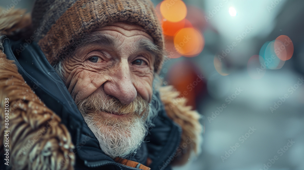 A heartfelt city street portrait depicts a cheerful homeless elderly man, his weathered face, warm hat, and coat adding character to the scene.
