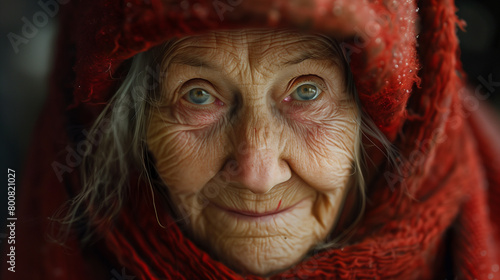 In a close-up portrait, a homeless elderly woman beams with a cheerful smile, her weathered face and sparkling eyes framed by a snug hat and coat.