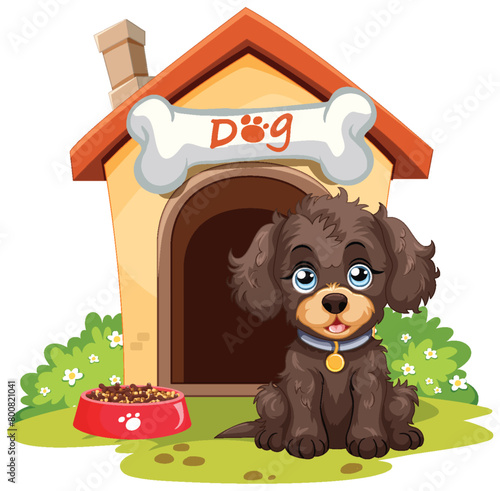 Cute brown puppy sitting outside its house