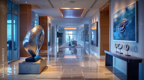 A sleek entryway with a statement sculpture and a sleek digital guestbook