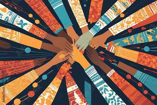 Illustration of different groups of people holding hands. Unity, community, the nature of teamwork, cooperation, the concept of helping each other in a multicultural society, ai, generative, 생성형