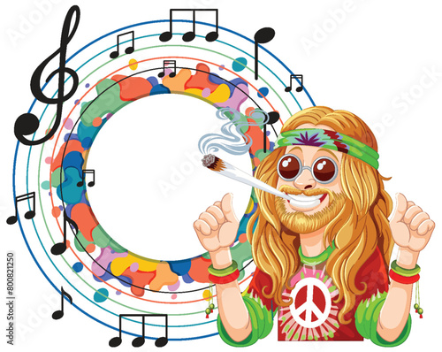 Colorful hippie with musical notes and peace symbol.