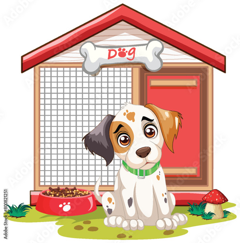 Cute spotted puppy sitting outside its house