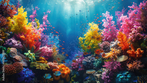 A vibrant coral reef teeming with colorful marine life  showcasing the beauty of underwater worlds and highlighting key locations for sustainable fishing practices. Created with Ai
