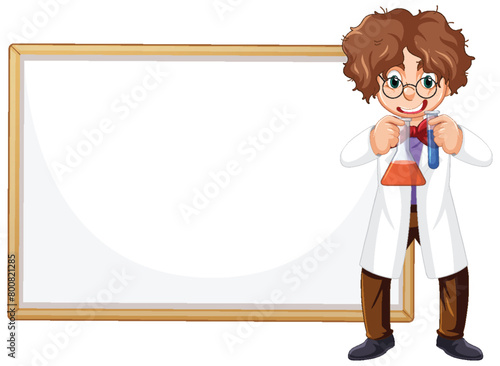 Cartoon scientist holding a beaker, standing by a board.