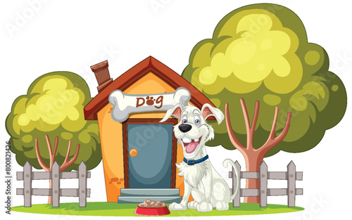 Cheerful dog with a bone near its kennel.