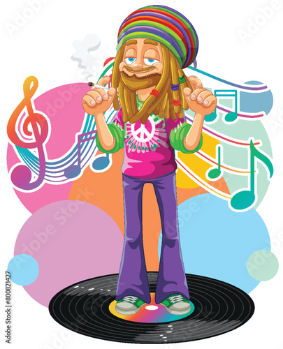 Colorful illustration of a hippie enjoying music.