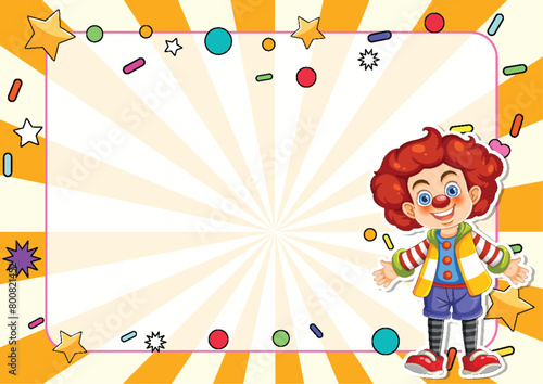 Cheerful clown with colorful background and decorations.