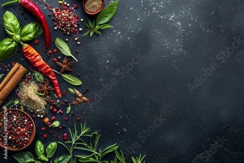 Assortment of spices on black background including pepper turmeric paprika basil rosemary chili cardamom cinnamon anise Overhead view with space for text