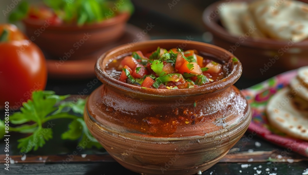Authentic Mexican dip made with spicy homemade tomato sauce served fresh in a clay jar Authentic Mexican dip made with spicy homemade tomato sauce served fresh in a clay jar
