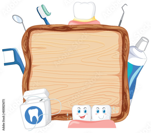 Vector illustration of dental care tools and smiling teeth.