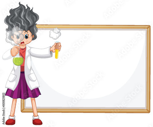 Cartoon scientist performing a chemical experiment.