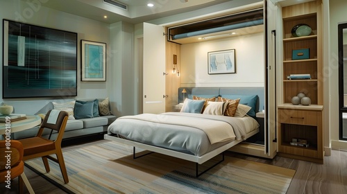 A sleek guest suite with a Murphy bed and a multifunctional space