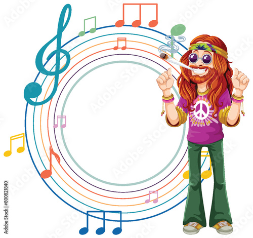 Colorful hippie with music notes and peace symbol.